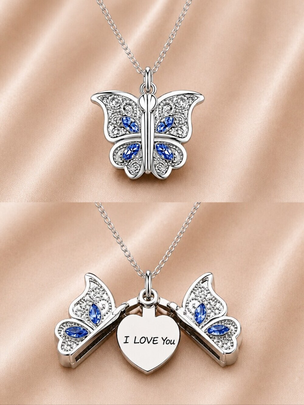 Butterfly Hidden Message Necklace Silver Blue Crystal Pendant Gift for Her